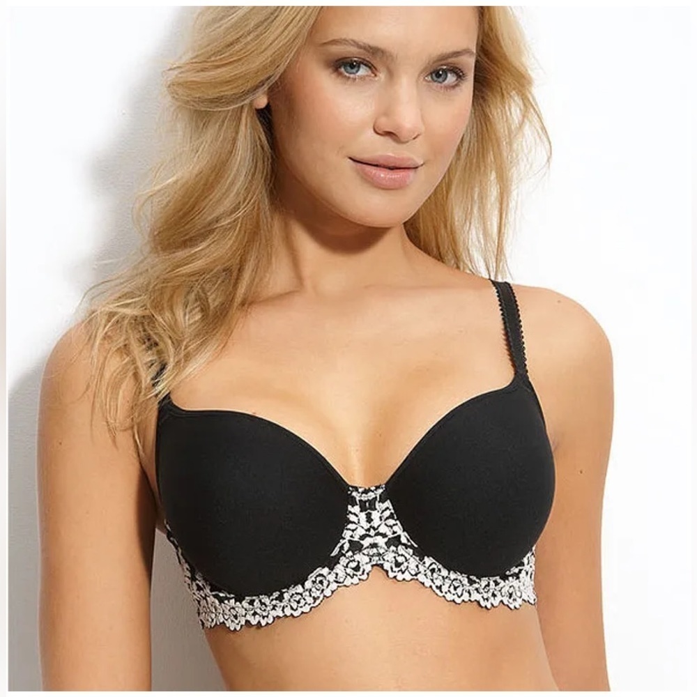 WACOAL black bra with a white lace accent. Size 38DD